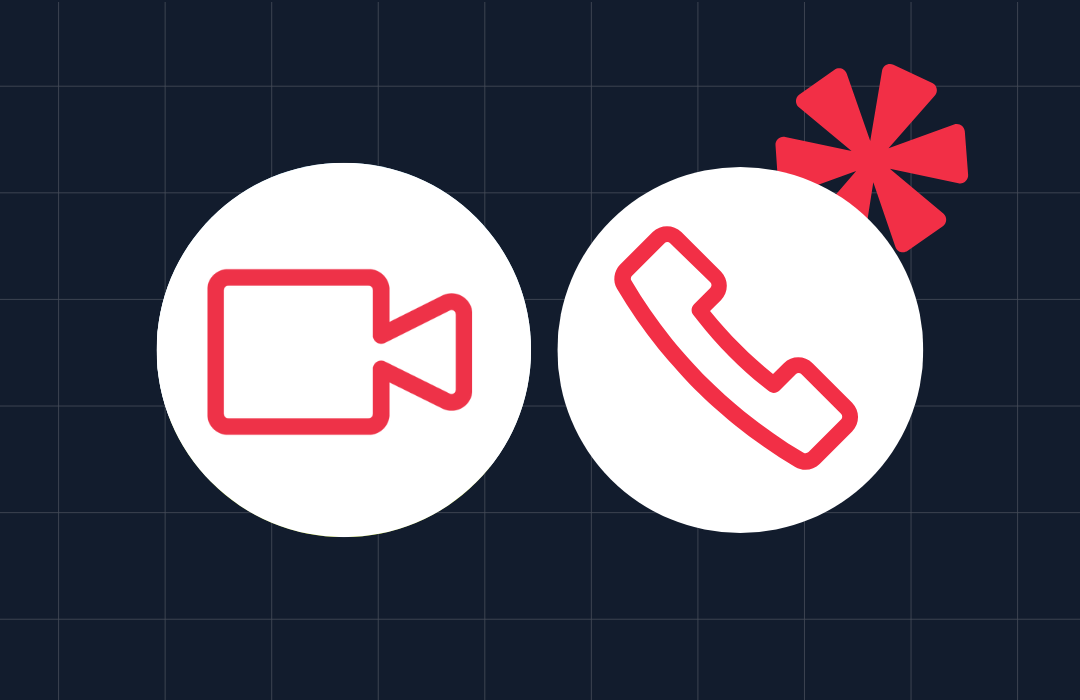 Red video and phone icons in white circles on a dark grid background with a red asterisk decoration.
