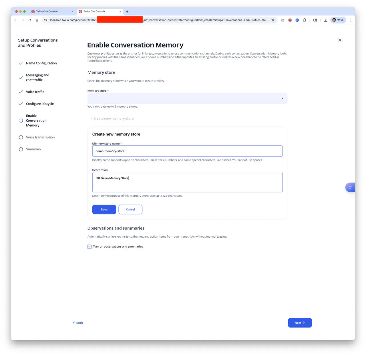 User interface for enabling conversation memory, with options to create and name a new memory store.