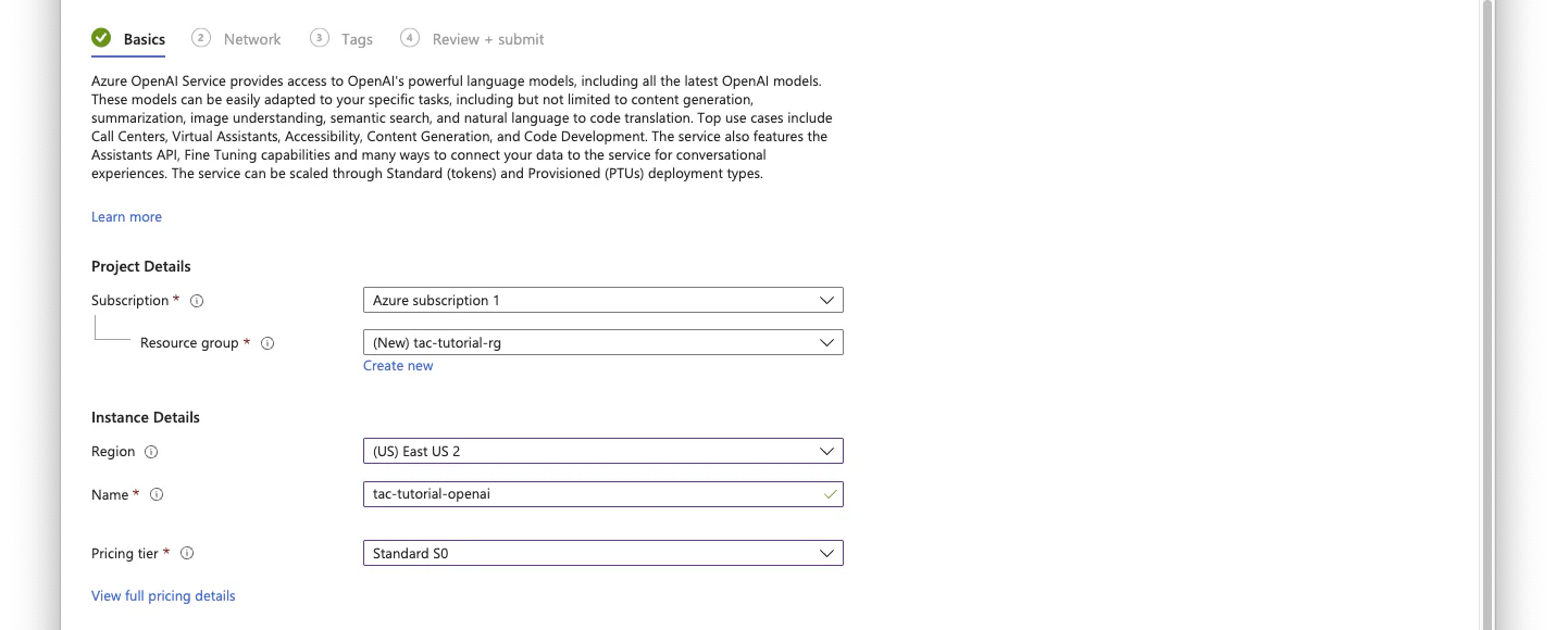 Screenshot of Azure OpenAI Service instance creation interface with options for subscription, resource group, location, and pricing.