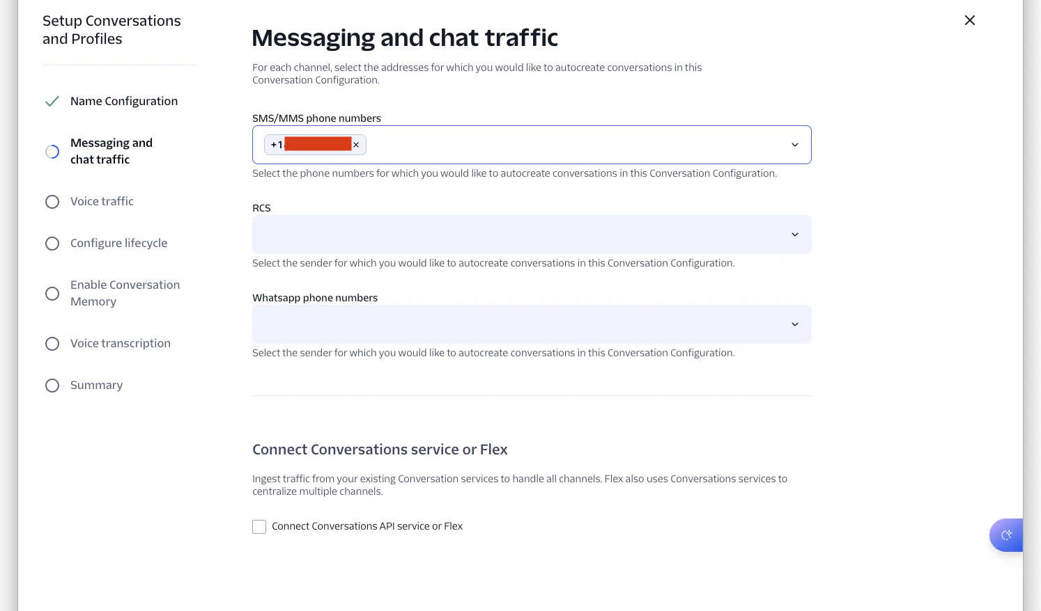 Configuration screen for setting SMS, RCS, and WhatsApp phone numbers in a messaging setup.