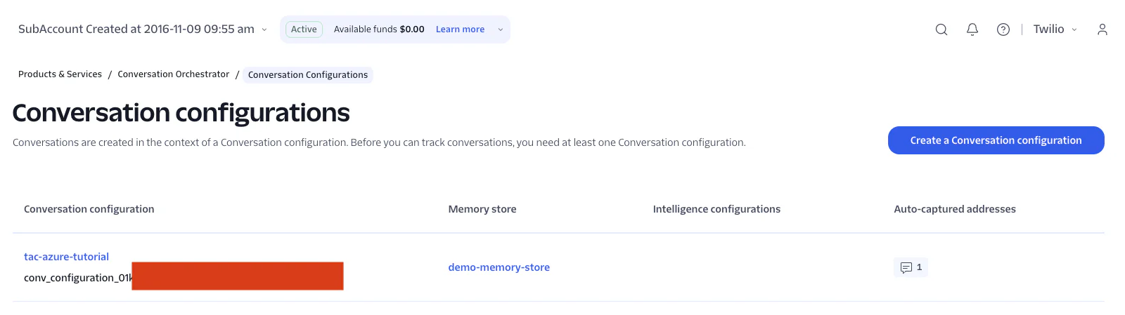 Screenshot of conversation configurations in a software account, showing memory store and intelligence configurations.