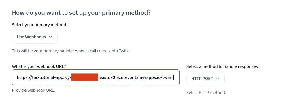 Twilio setup screen showing webhook URL and HTTP POST method selection for handling responses.
