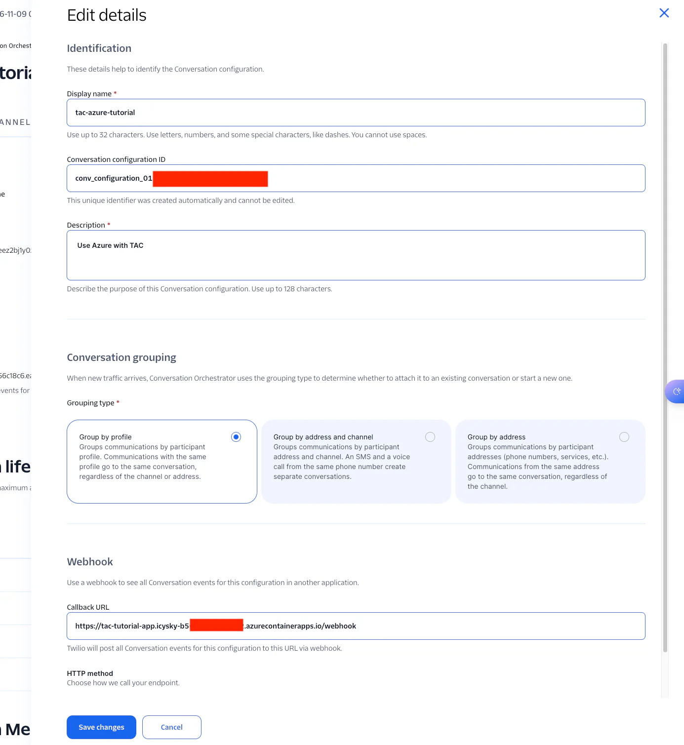 Screenshot of a form for editing details of a Conversation Orchestrator configuration on the Azure portal.