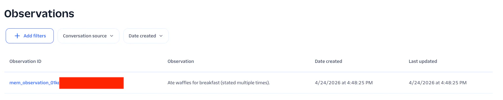 Screenshot of Observations tab showing a user comment and timestamps for creation and update