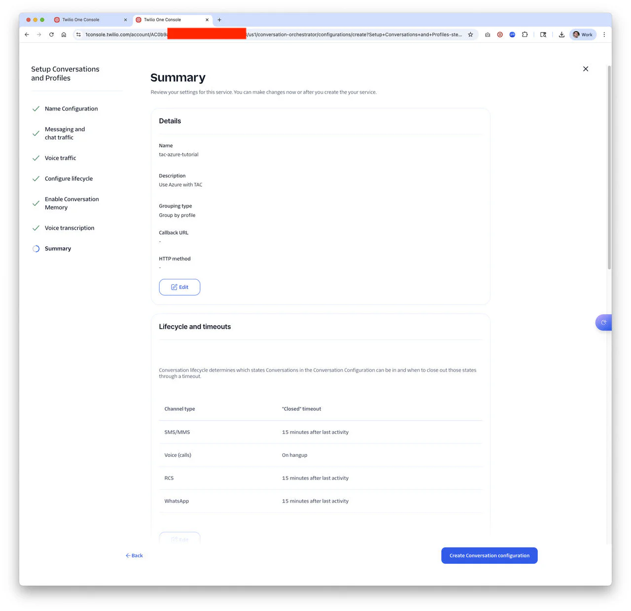 Screenshot of a settings interface for configuring conversations and profiles in a software application.