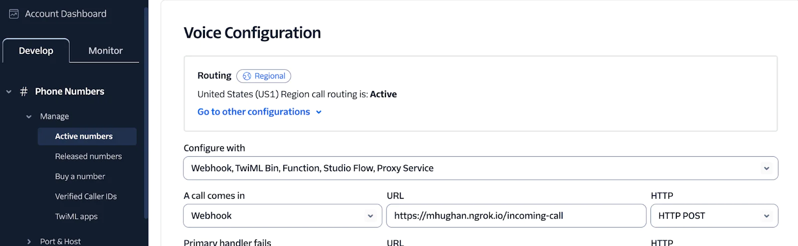 Twilio Voice Configuration page showing regional call routing and webhook setup options. Twilio Voice Configuration page showing regional call routing and webhook setup options.