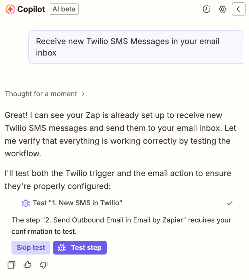 example of the Copilot AI Beta. It's showing how to set up the receive SMS messages Zap.