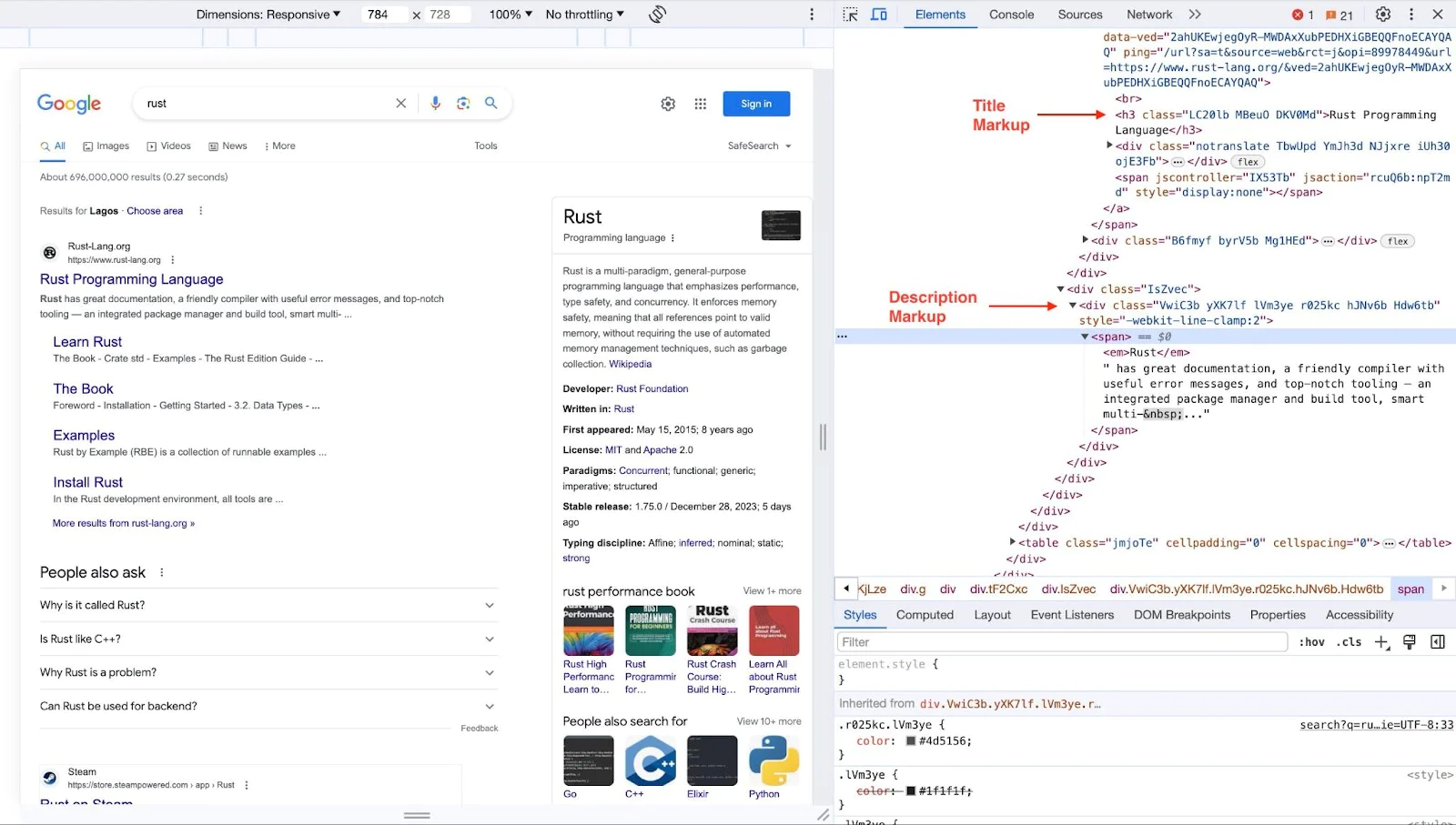 Screenshot of a Google search results page for 'rust' in inspect mode, with an arrow pointing to the title and description of the first search result.