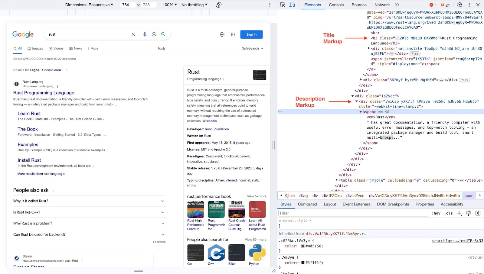 Screenshot of a Google search results page for 'rust' in inspect mode, with an arrow pointing to the title and description of the first search result. Screenshot of a Google search results page for 'rust' in inspect mode, with an arrow pointing to the title and description of the first search result.