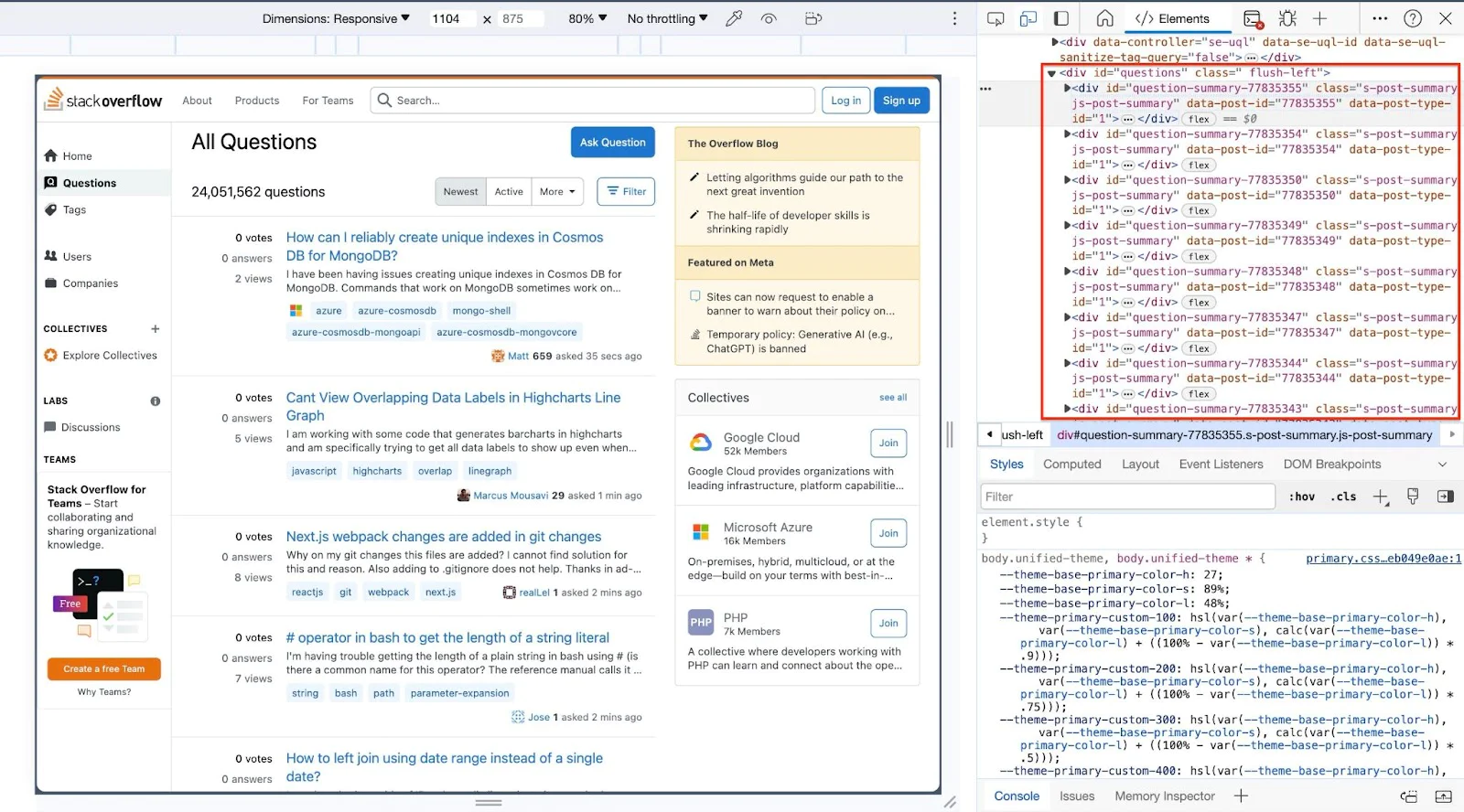 Screenshot of stackoverflow.com/questions in inspect mode, with a red-outlined box illustrating where the question markup reside.