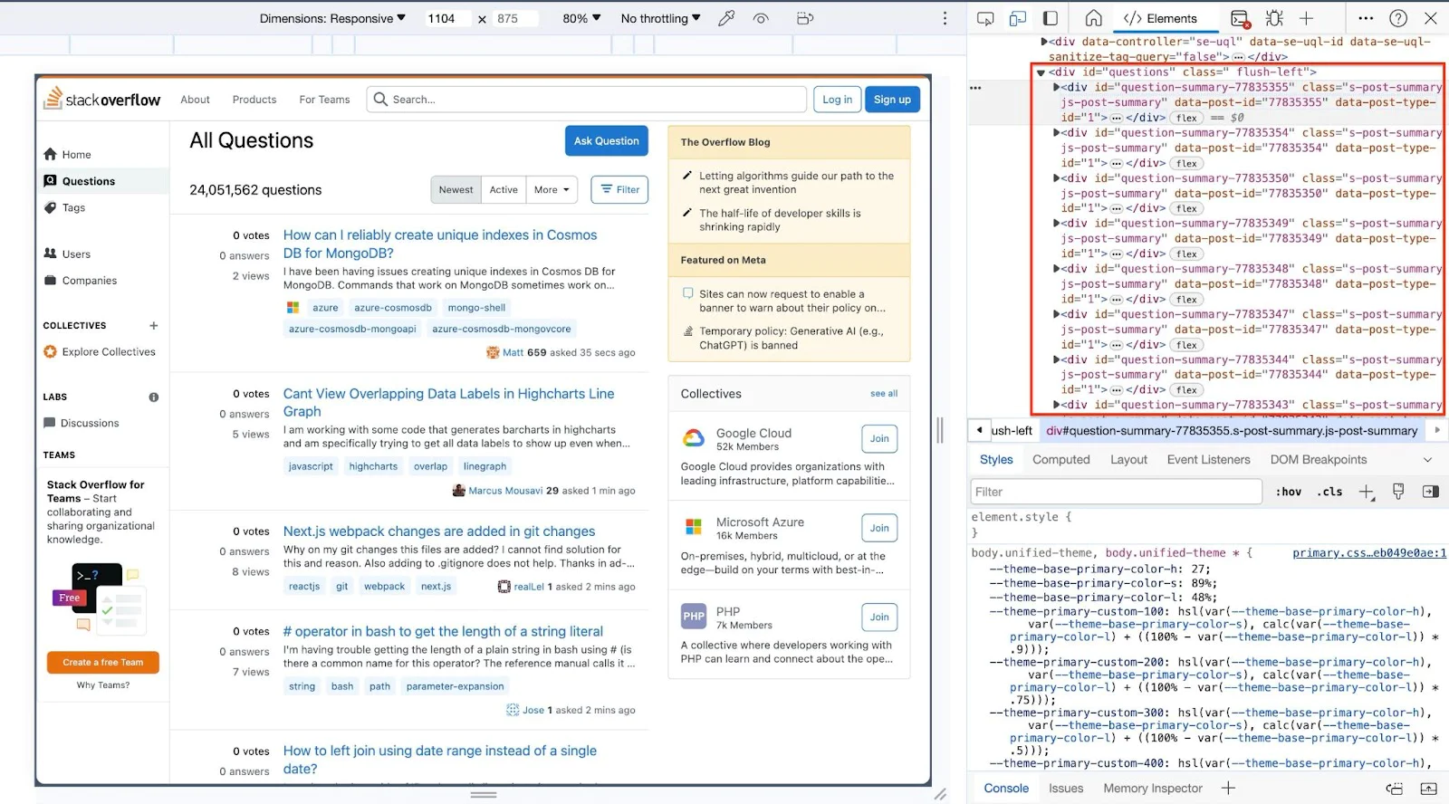 Screenshot of stackoverflow.com/questions in inspect mode, with a red-outlined box illustrating where the question markup reside. Screenshot of stackoverflow.com/questions in inspect mode, with a red-outlined box illustrating where the question markup reside.
