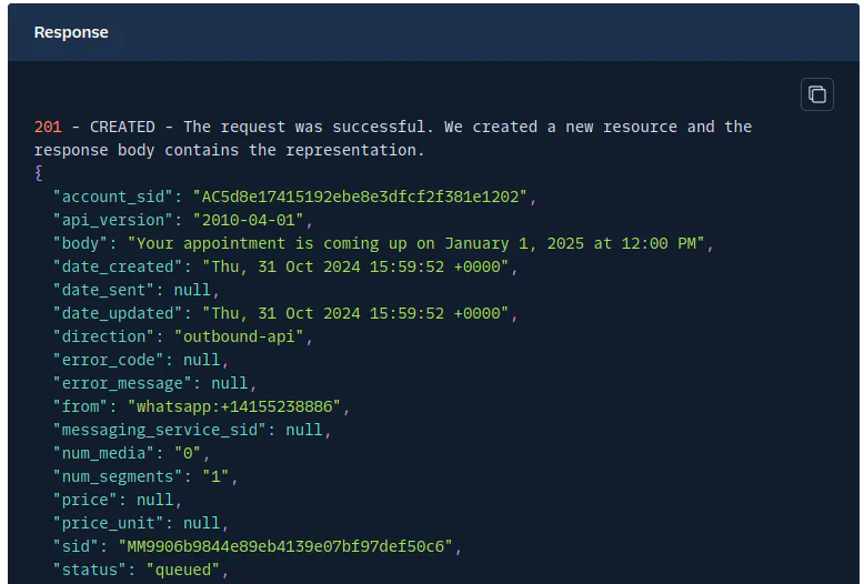 API Response Indicating Appointment Creation JSON response for an appointment creation request with status 201 and various details.