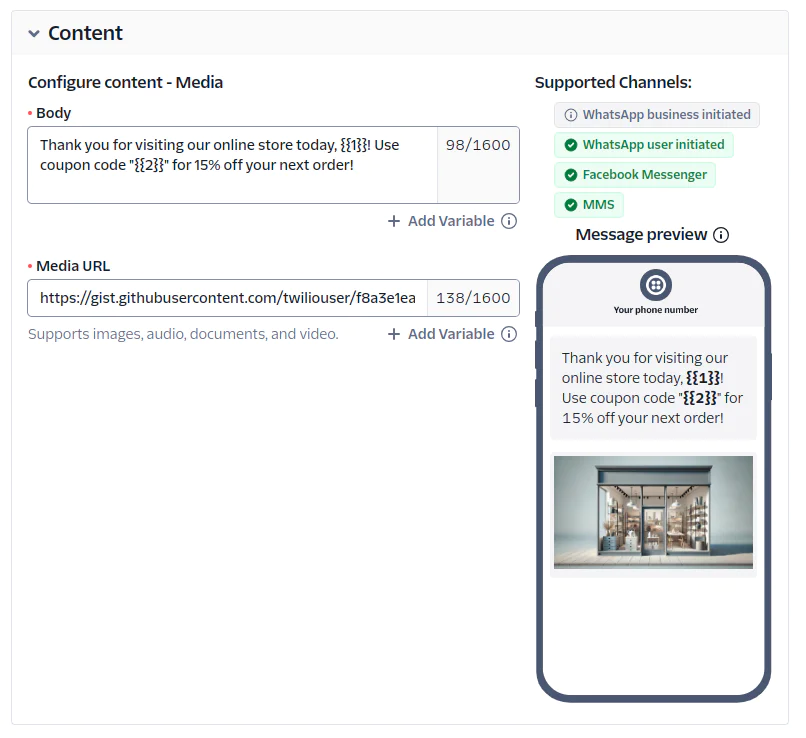 Social Media Campaign Message Preview Interface showing a message preview for a social media campaign with a coupon code and product image.