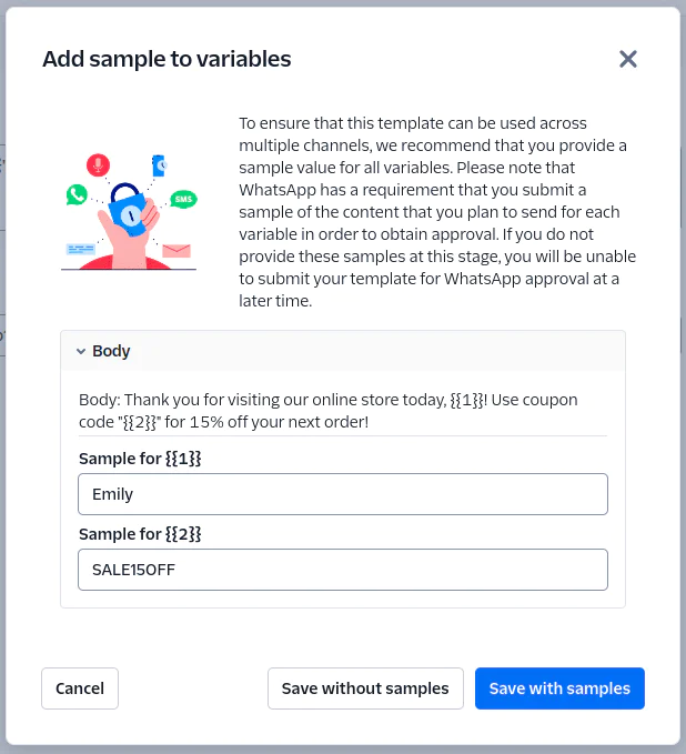 Screenshot of WhatsApp Template Submission Form Popup window for submitting WhatsApp template with sample variables form and option to save with samples.