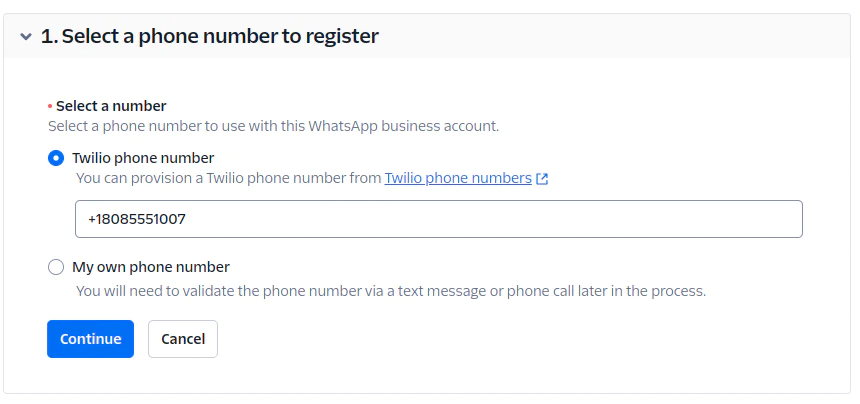 WhatsApp Business phone number selection screen with Twilio number option. WhatsApp Business phone number selection screen with Twilio number option.