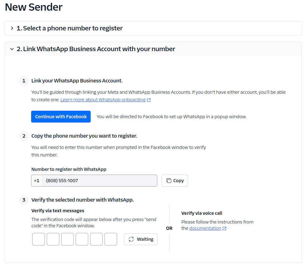 Interface for registering a phone number with WhatsApp Business Account using text or voice call verification. Interface for registering a phone number with WhatsApp Business Account using text or voice call verification.