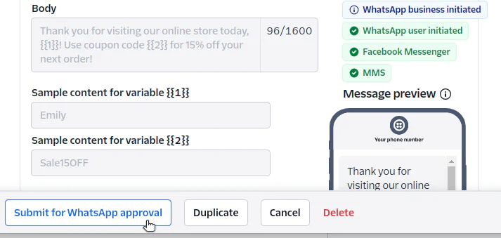 Template message submission with placeholders and a WhatsApp approval button highlighted Template message submission with placeholders and a WhatsApp approval button highlighted