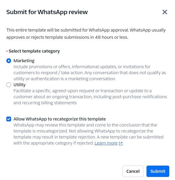 Submit WhatsApp Template for Approval WhatsApp template approval dashboard with options for marketing, utility, and template recategorization.