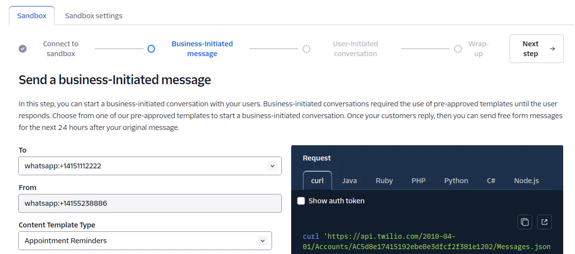Twilio interface for sending a business-initiated WhatsApp message with pre-approved templates. Twilio interface for sending a business-initiated WhatsApp message with pre-approved templates.
