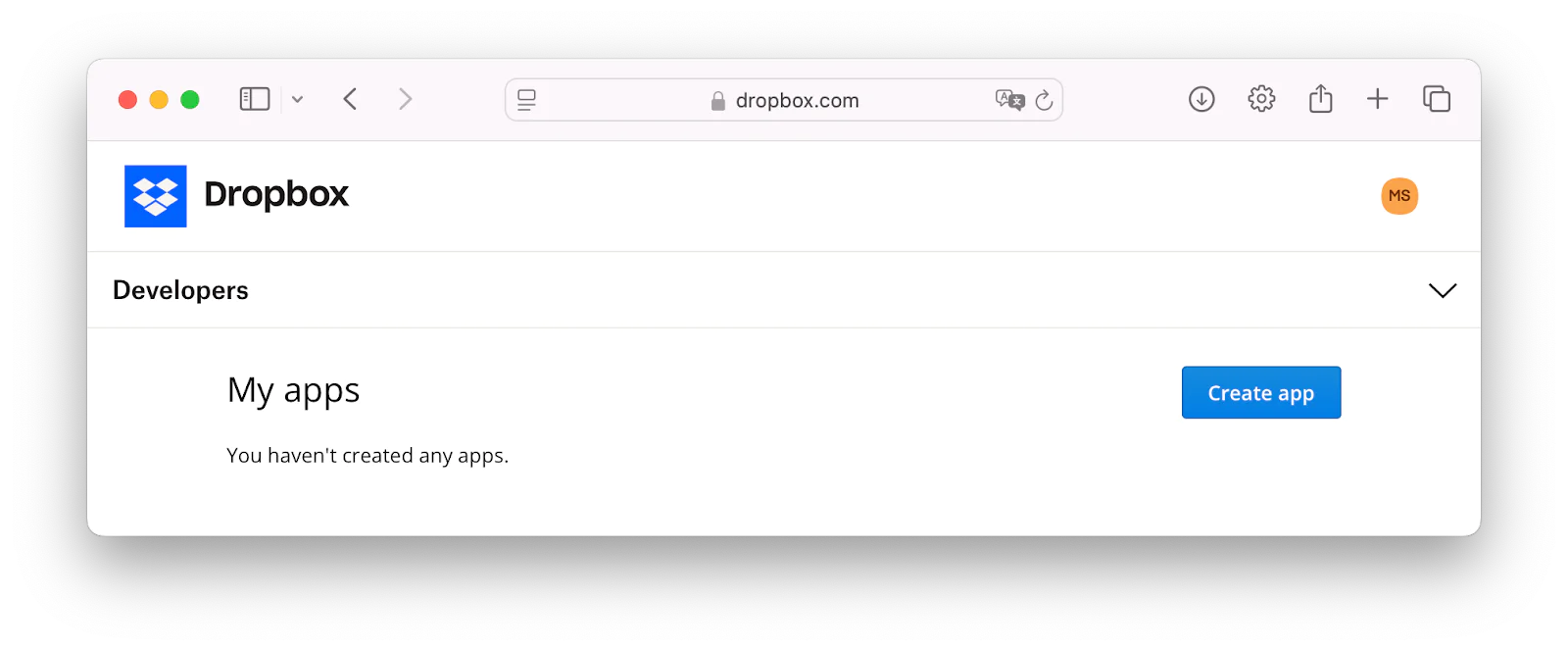 Screenshot of Dropbox Developers page with a button to create apps and a message saying no apps have been created.