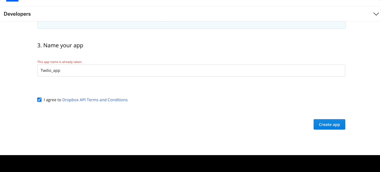 The image shows the setting up of the DropBox app for the project