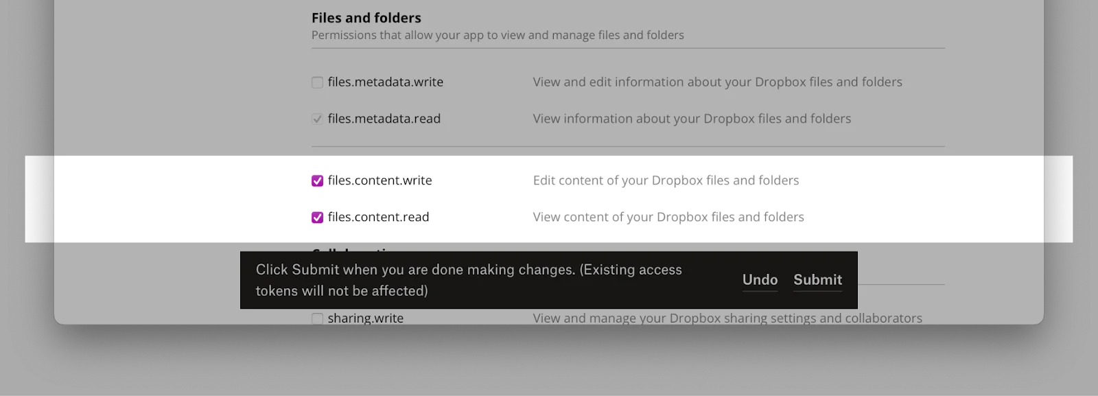 Screenshot of Dropbox app permissions settings, highlighting files.content.write and files.content.read options.