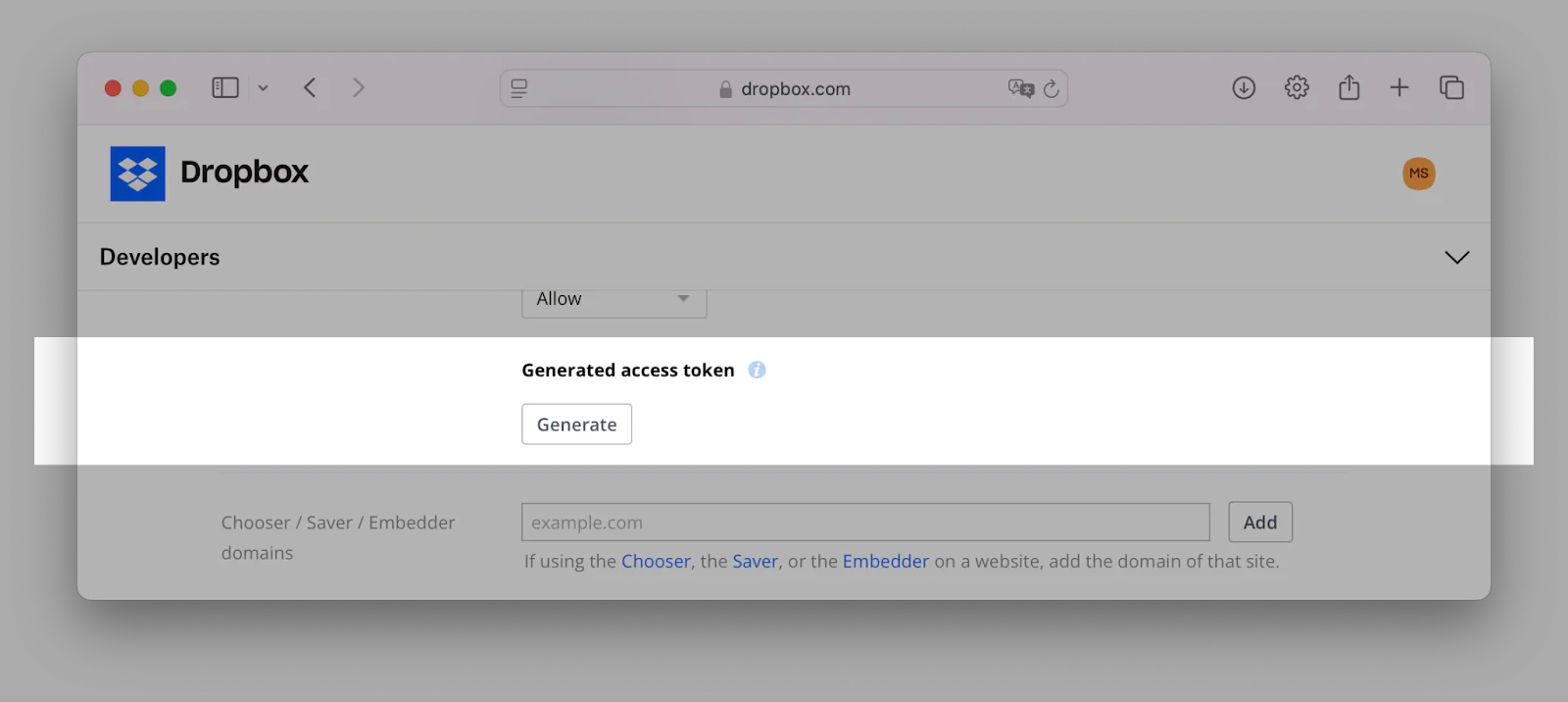 Screenshot of the Dropbox Developers page displaying the option to generate an access token.