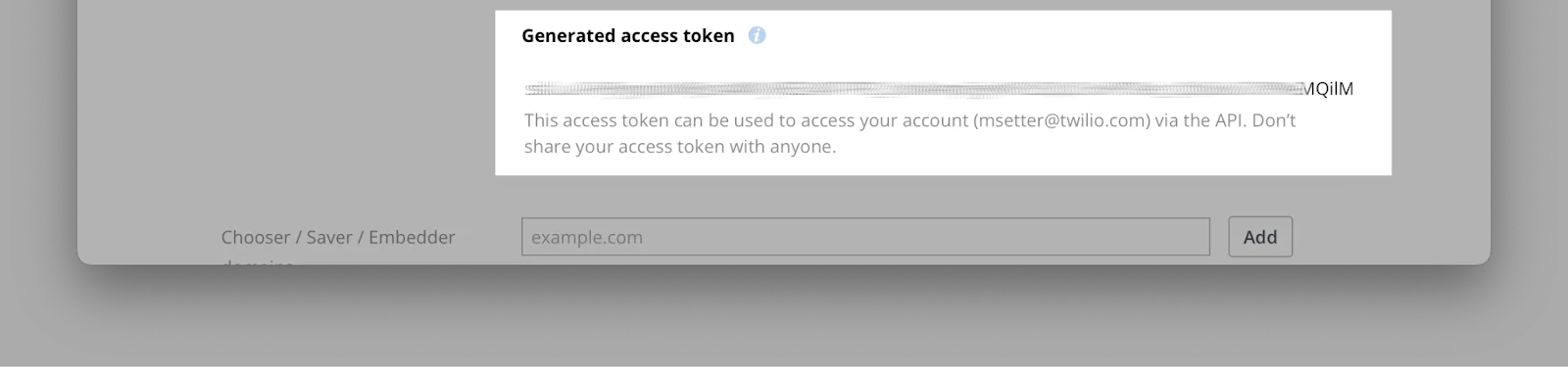 A generated access token displayed on a webpage, with an example URL in the input field below it.