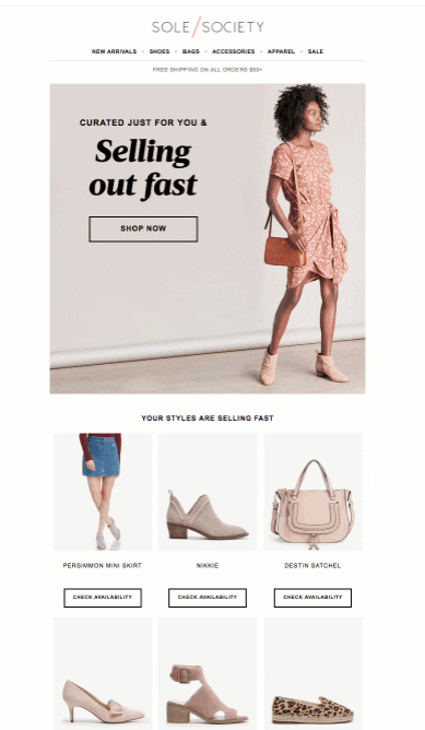 Sole Society Fashion Promotion with Curated Styles Woman wearing a pink dress and holding a brown purse, featured with a selection of shoes, skirts, and bags.