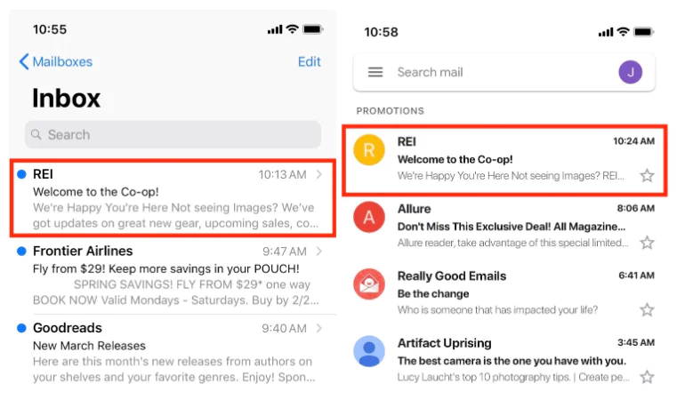Side-by-side Comparison of REI Welcome Emails in Different Email Apps Screenshot of REI's welcome emails in Inbox on two different email apps displayed side-by-side.