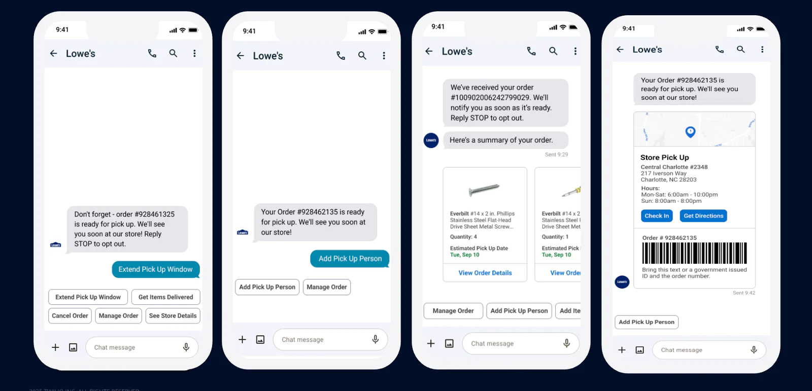 Mobile App Screens Showing Order Notification and Pickup Information for Lowe's Sequence of mobile app screens displaying Lowe's order ready for pickup notification and order details.
