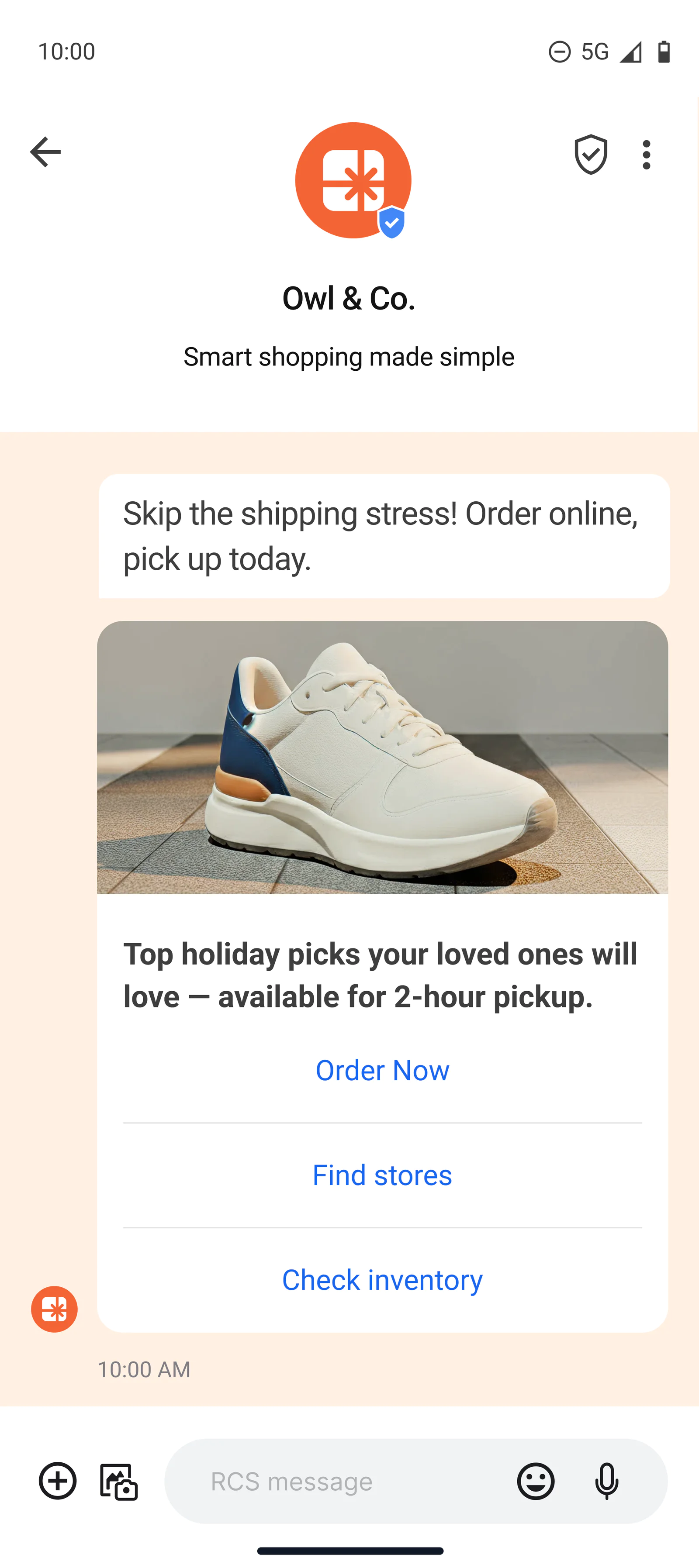 RCS buy online pickup in person RCS message showing promotions and pickup options