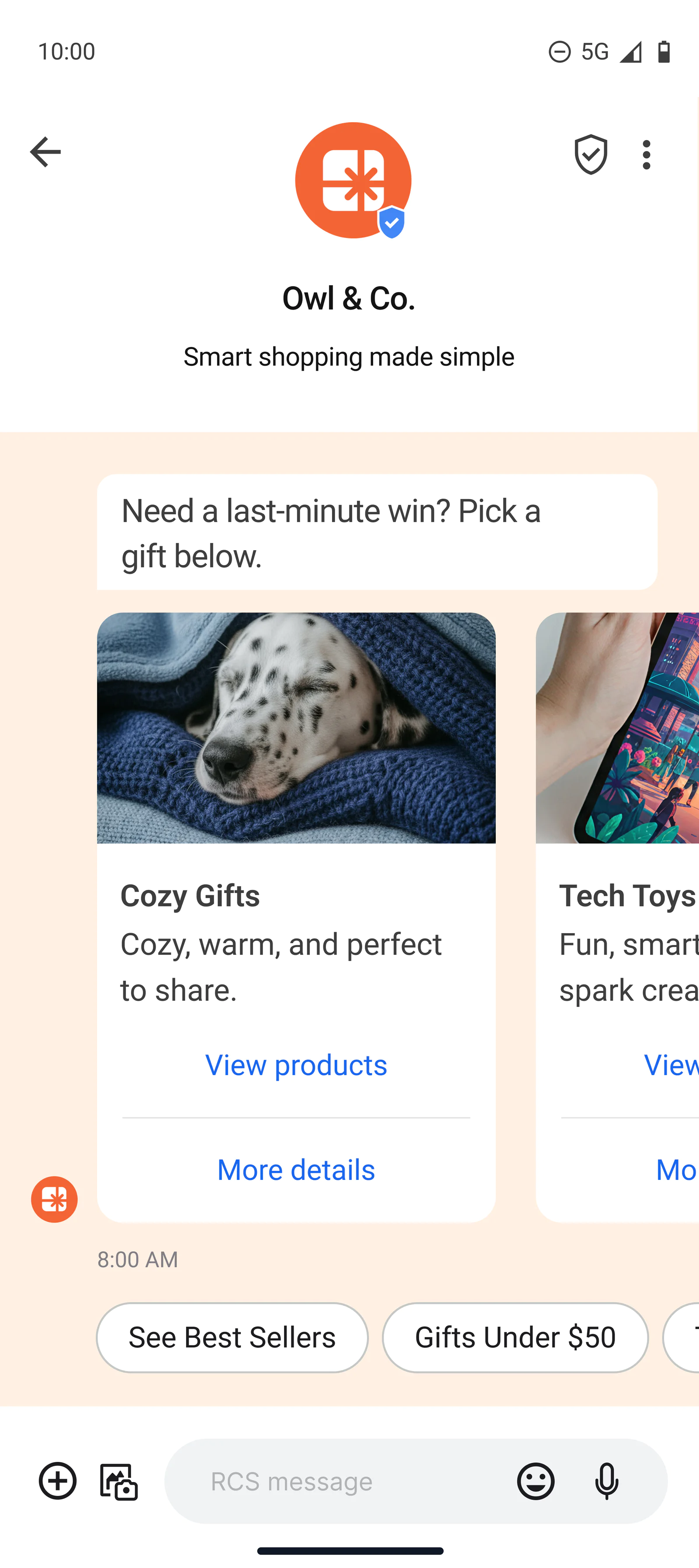 RCS gift guide carousel RCS carousels featuring gift suggestions and buttons