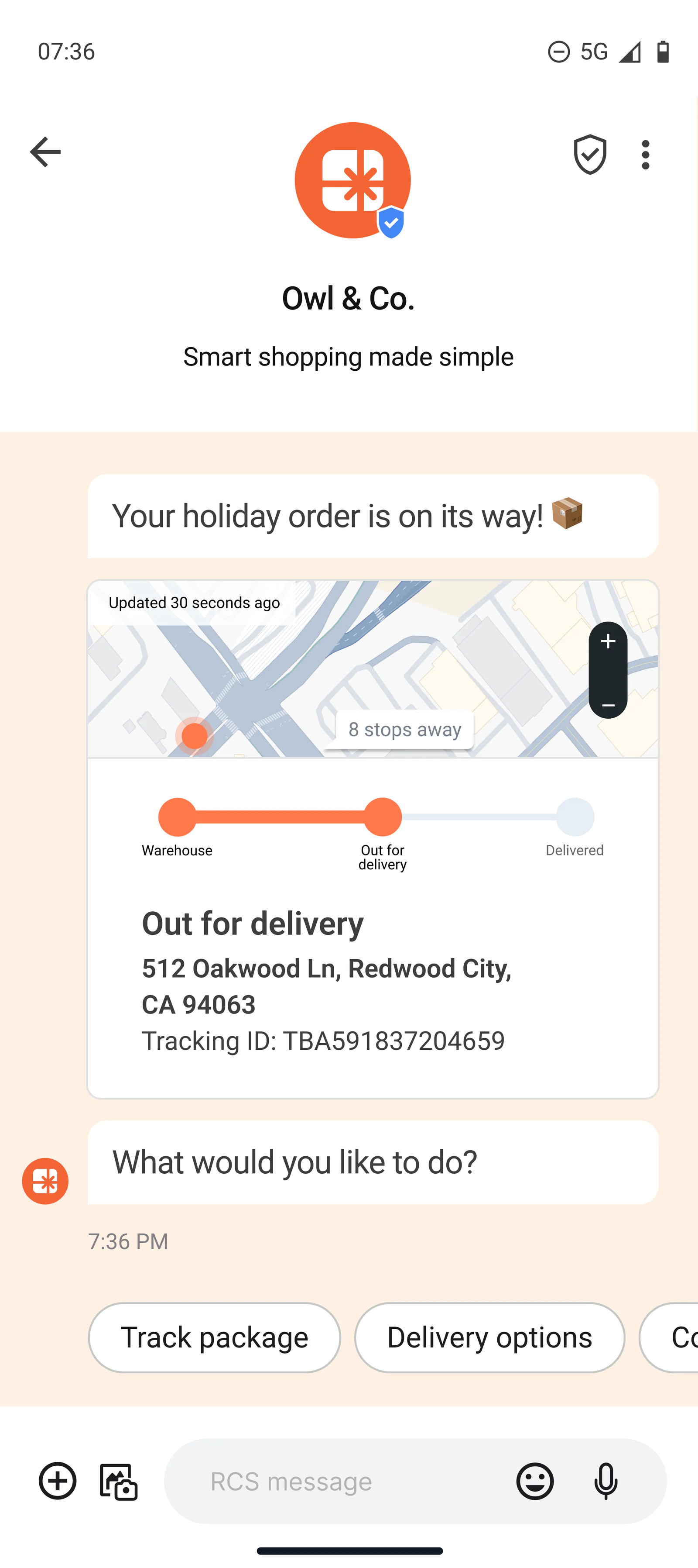 RCS Order Confirmation and Delivery Tracking Message RCS message showing order shipping updates