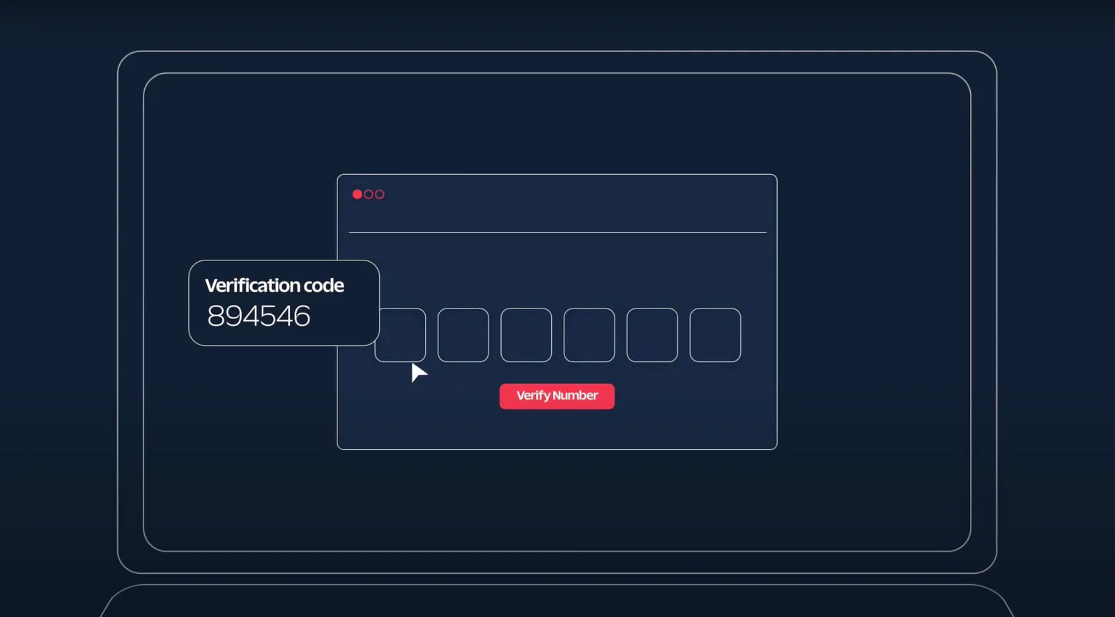 Dark-themed screen showing a six-digit verification code input field with code 894546 and a verify number button.