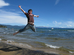 johndbritton jumping at Lake Tahoe in Twilio shirt