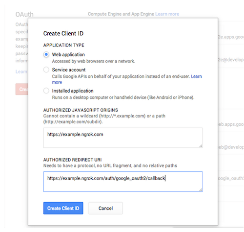 Google Developer Console - New app API settings