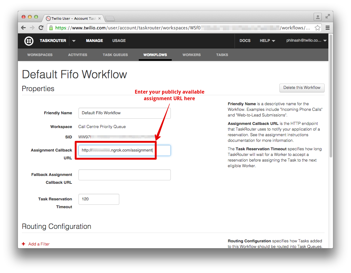 Enter your publicly available assignment URL into the Assignment Callback URL field.