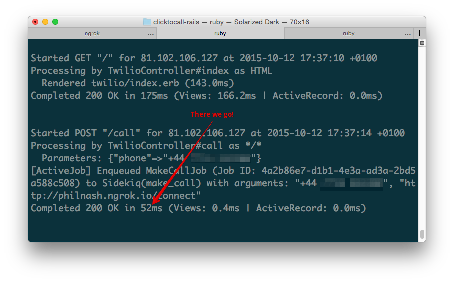 Now the log shows that the controller action returned in just a few milliseconds