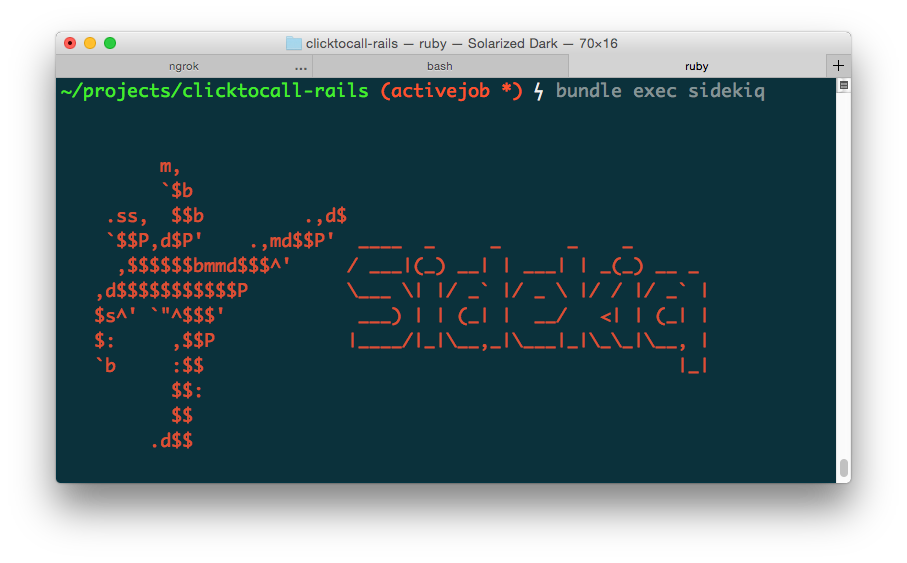 When Sidekiq starts up, the log shows some ASCII art of a person kicking the word Sidekiq
