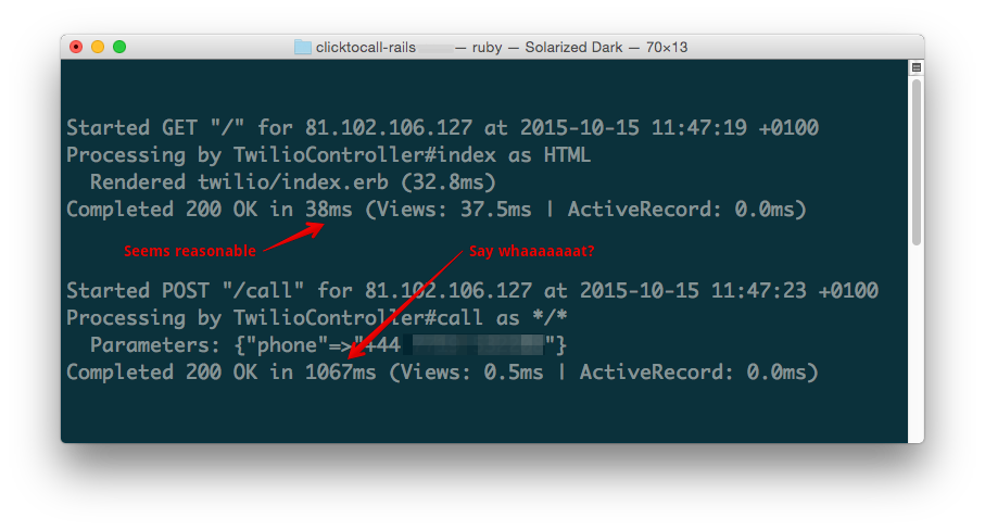 The logs show that the time taken for the index and call actions are wildly different.