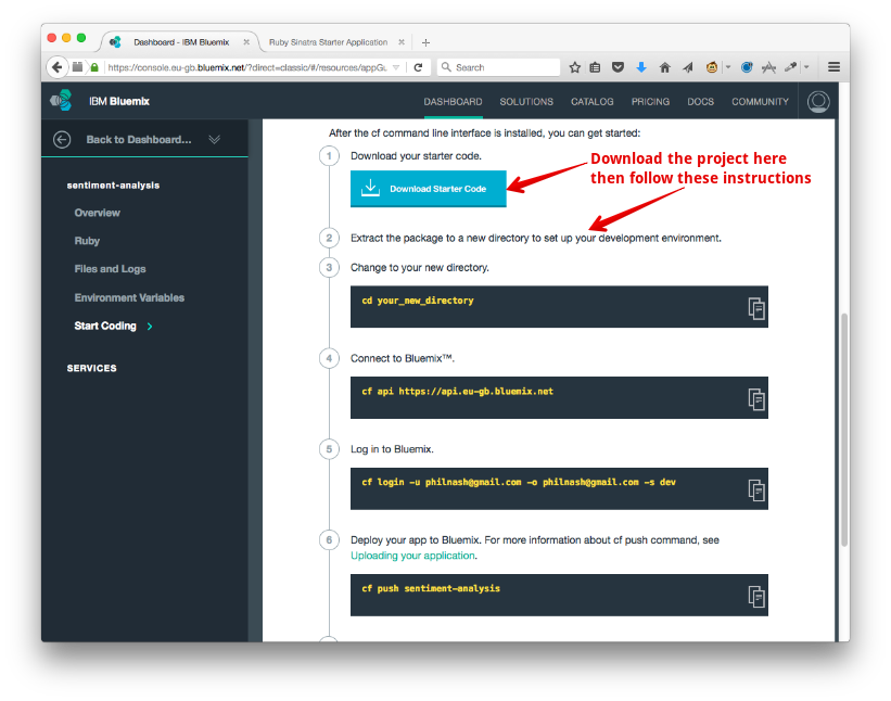 Go back to the application starting page and follow the instructions to download the project and connect Cloud Foundry