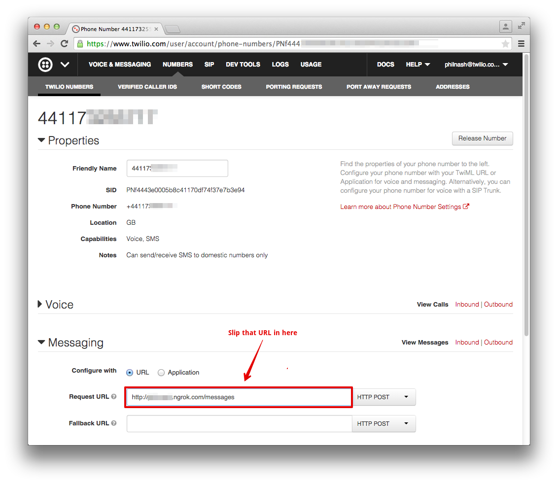 Add your ngrok URL as the number's Messaging Request URL