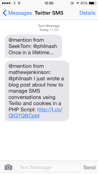 Once the app is running, you should receive @mentions by SMS