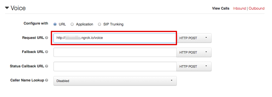 Enter your ngrok URL into the Request URL field for voice