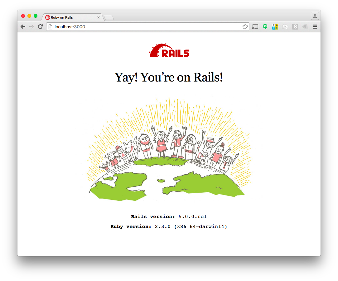 The successful Rails install page. It says 'Yay! You're on Rails!'.