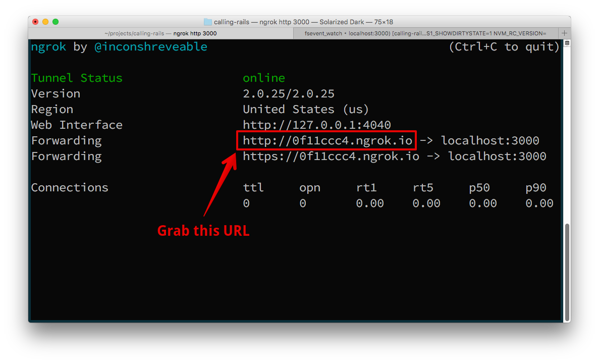 The ngrok live console shows a URL that is forwarding to your application on localhost. You will need to copy the HTTP URL to use in the Twilio console.