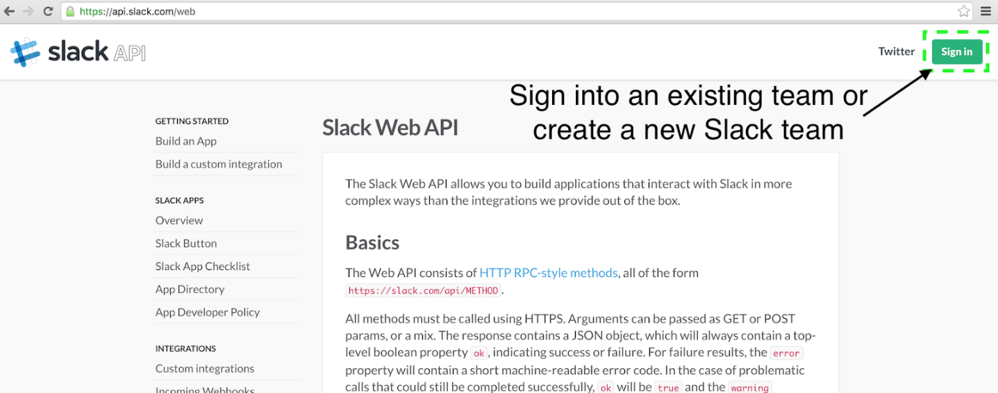 Botão de login da tela de configuração do slack