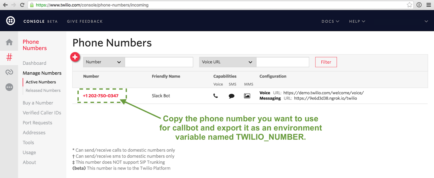 Tela do console da Twilio com a informação do número de telefone