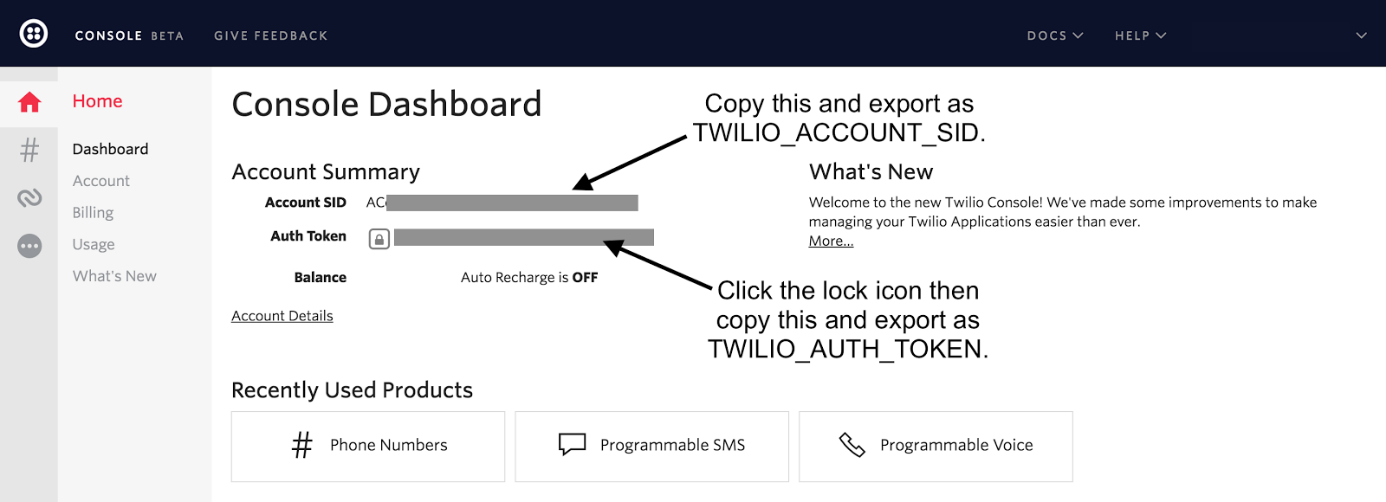 Tela do console da Twilio com as configurações de SDI da conta e Token de autenticação.